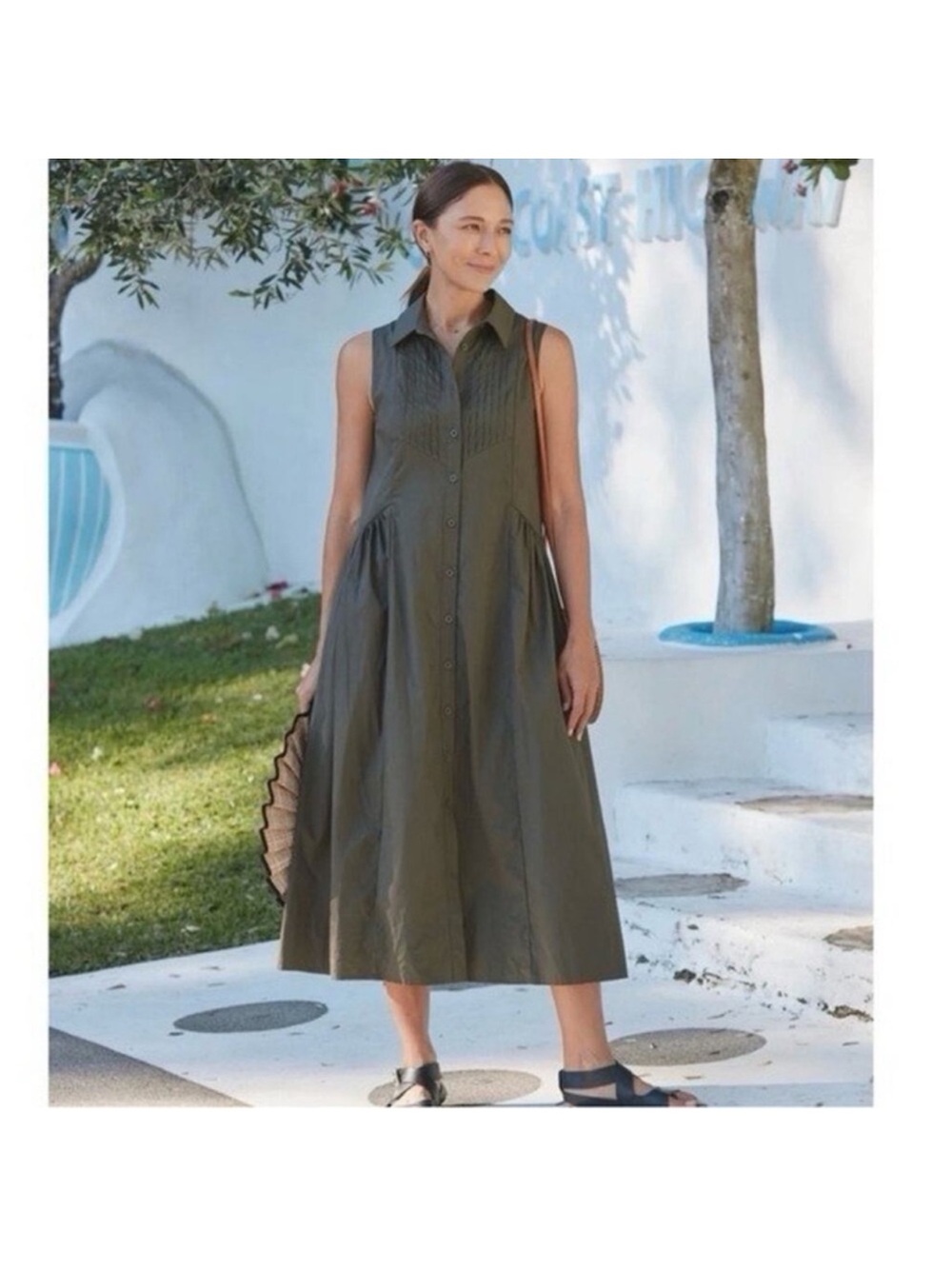 Women’s Olive Sleeveless Casual Summer Shirt Dress - Classic Button-Front
